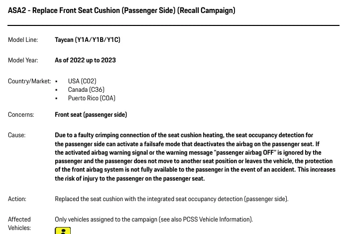 Porsche Taycan Recall: Front passenger air bag may be deactivated by classification system error (ASA2). 2022-23 Taycans. April 8, 2025 1762524132569-af