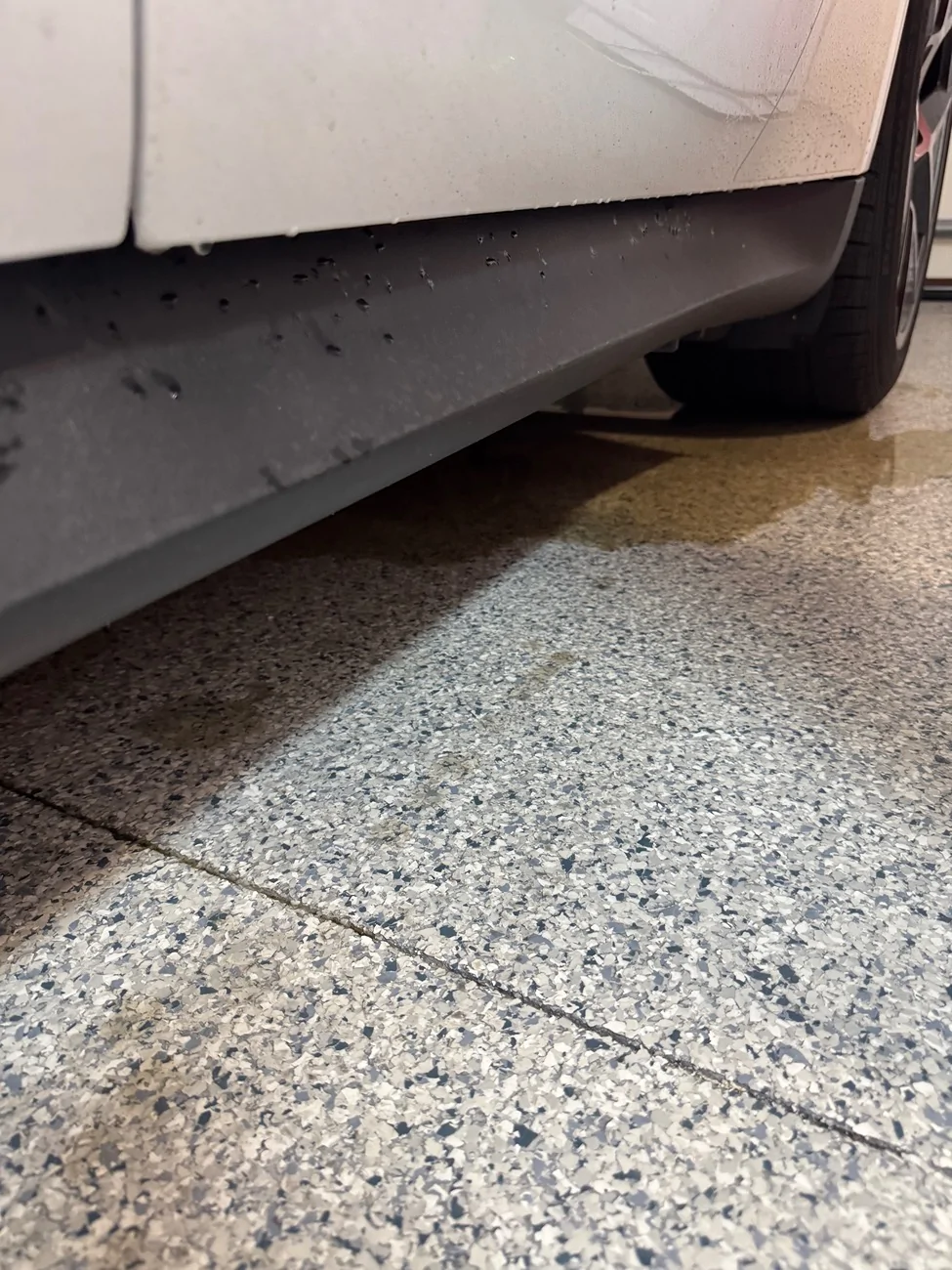 Porsche Taycan Water puddle in garage after rain IMG_0956