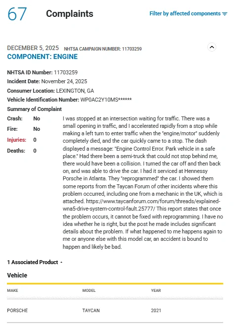 Porsche Taycan NHTSA Complaint - Taycan died after accelerating from a stop - Engine Control Error Park error - Dec. 5, 2025 1765295141794-lq