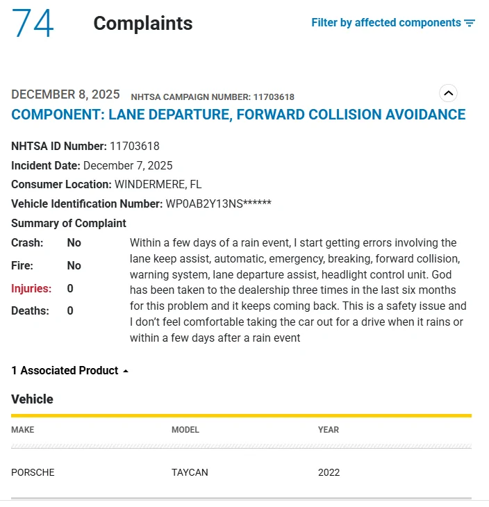 Porsche Taycan NHTSA Complaint - Driver assistance system errors after rains - Dec. 8, 2025 1765372523697-vf