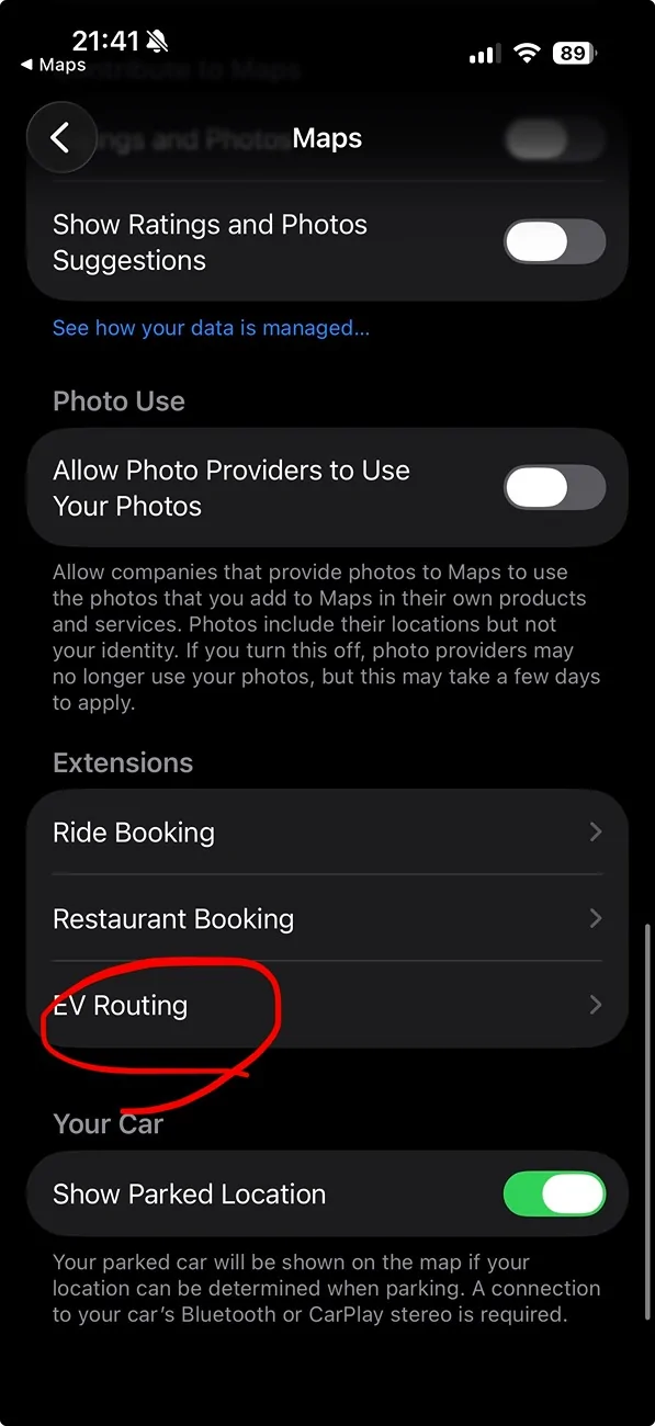 Porsche Taycan Apple Map EV Routing not getting enabled IMG_0536