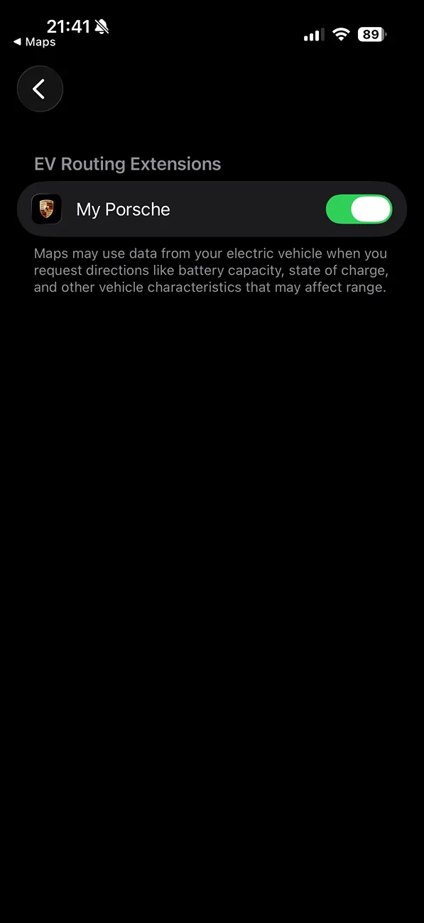 Porsche Taycan Apple Map EV Routing not getting enabled IMG_0537