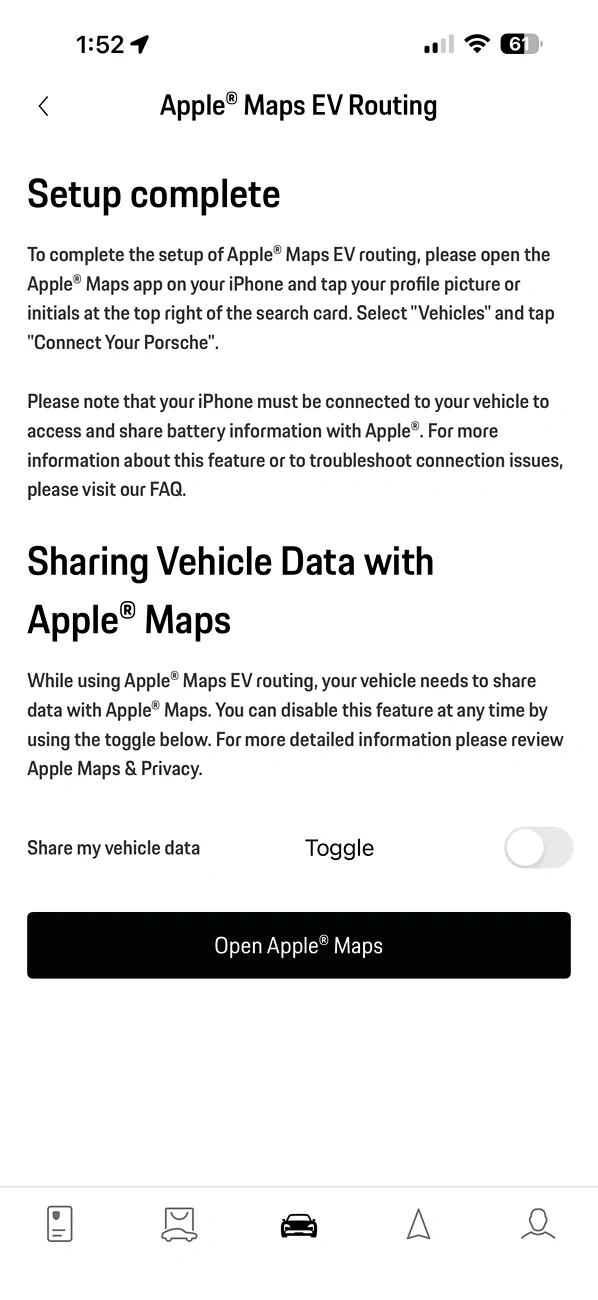 Porsche Taycan Apple Map EV Routing not getting enabled IMG_9279