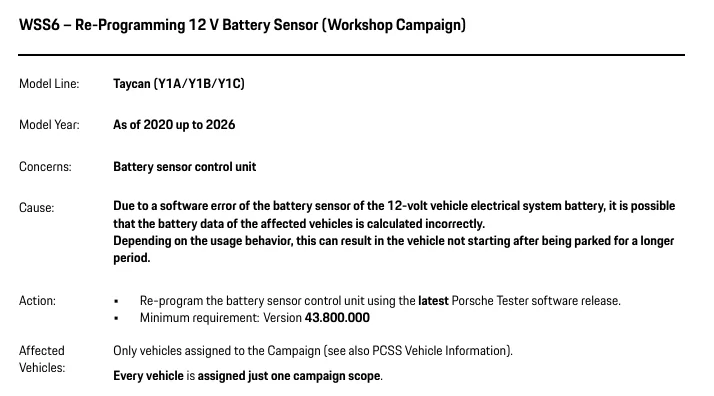 Porsche Taycan TSB: Re-Programming 12V Battery Sensor WSS6 - Taycan doesn't start after being parked for long period - Jan. 12, 2026 1770381583132-8