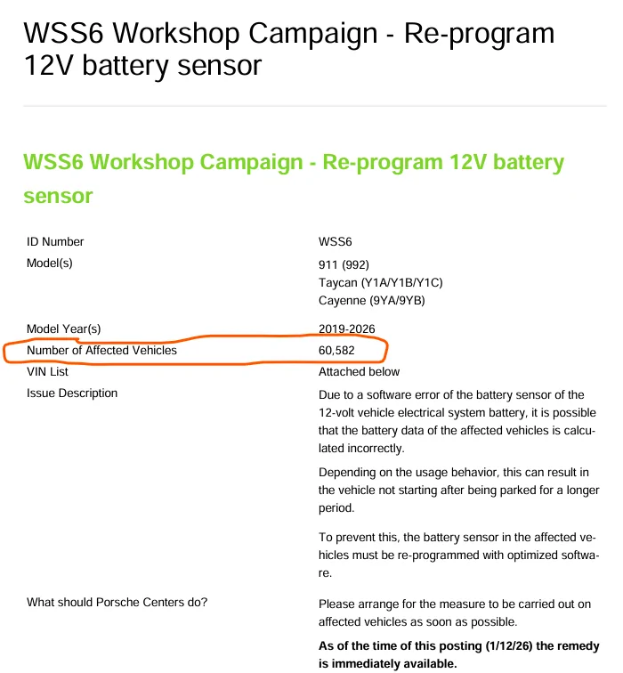 Porsche Taycan TSB: Re-Programming 12V Battery Sensor WSS6 - Taycan doesn't start after being parked for long period - Jan. 12, 2026 1770381846278-nv