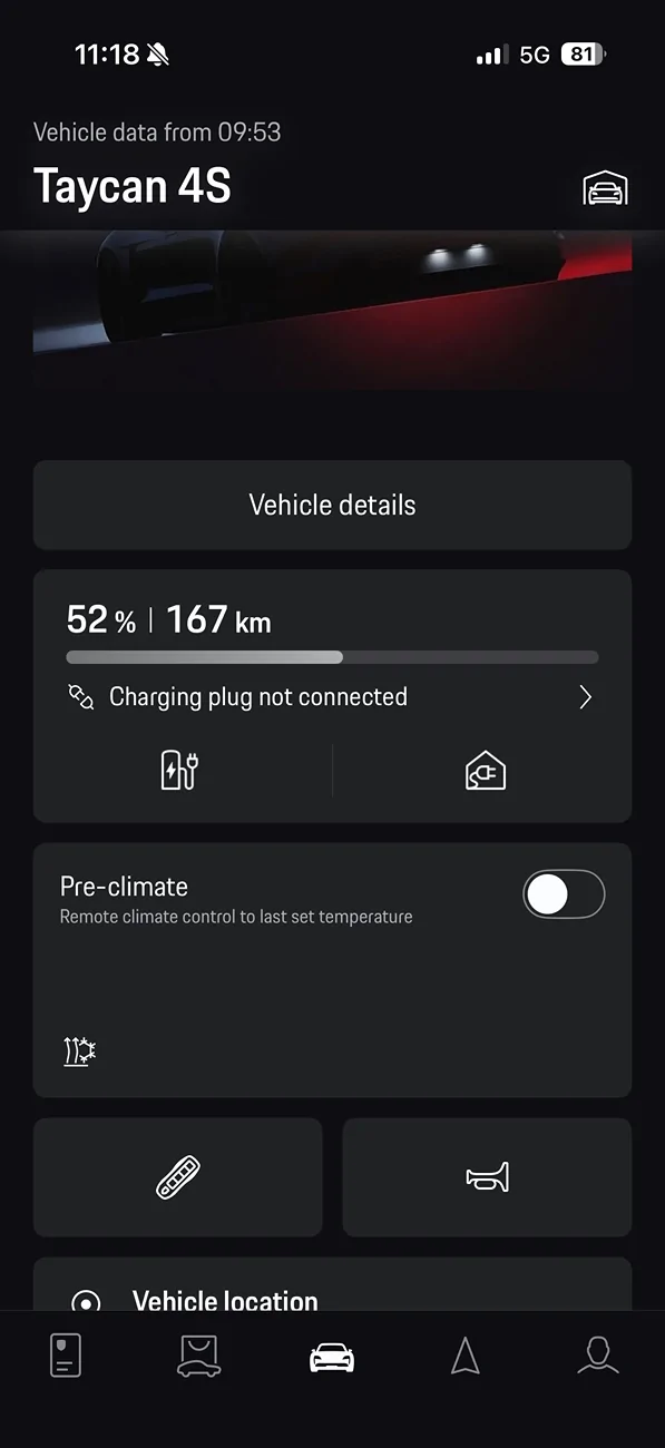 Porsche Taycan iOS My Porsche app widget for preconditioning IMG_1841