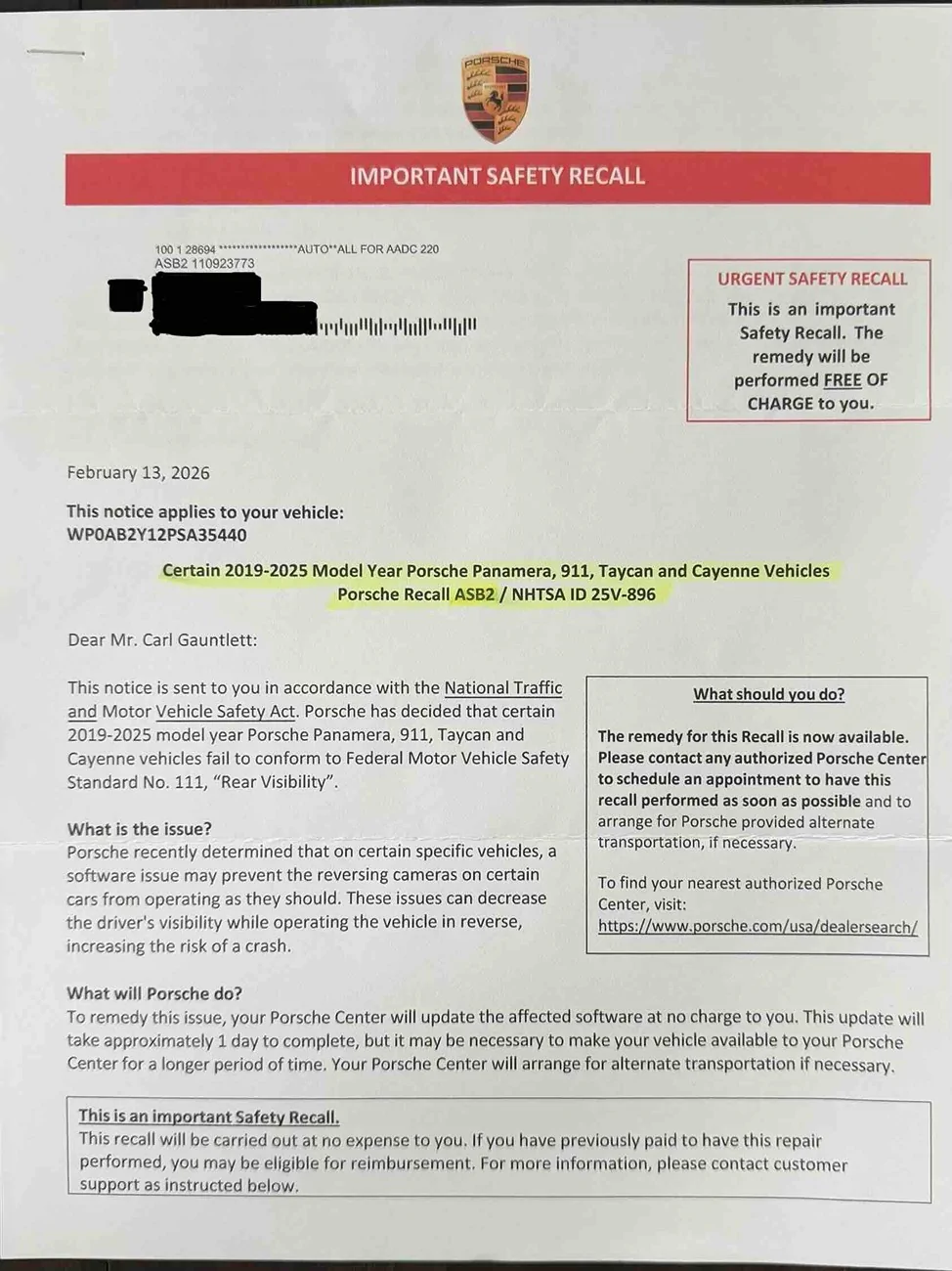 Porsche Taycan Rear Camera recall ASB2_Recall