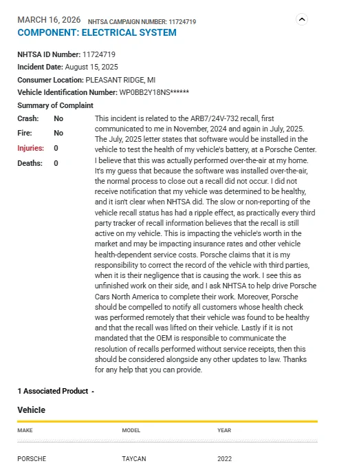 Porsche Taycan NHTSA Complaint - ARB7 recall status not closed out - March 16, 2026 1773856980307-u8