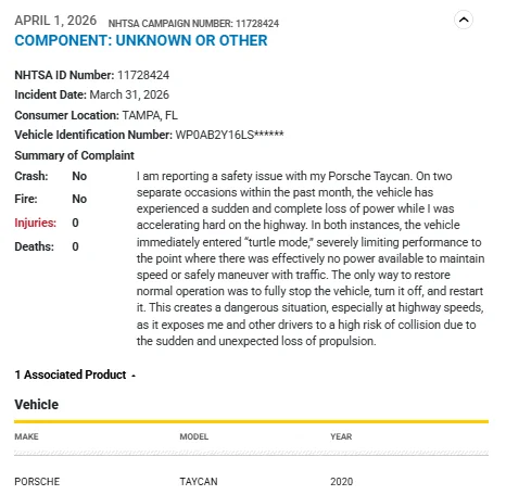 Porsche Taycan NHTSA Complaint - Loss of power while accelerating - turtle mode - March 31, 2026 1775216456469-wa
