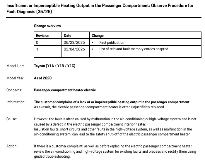 Porsche Taycan TSB: Insufficient heating output in passenger compartment - March 4, 2026 1775567012630-a9