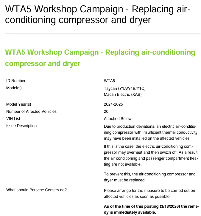 Porsche Taycan TSB: WTA5 - Replacing Air-Conditioning Compressor and Dryer - March 17, 2026 1775569345920-d