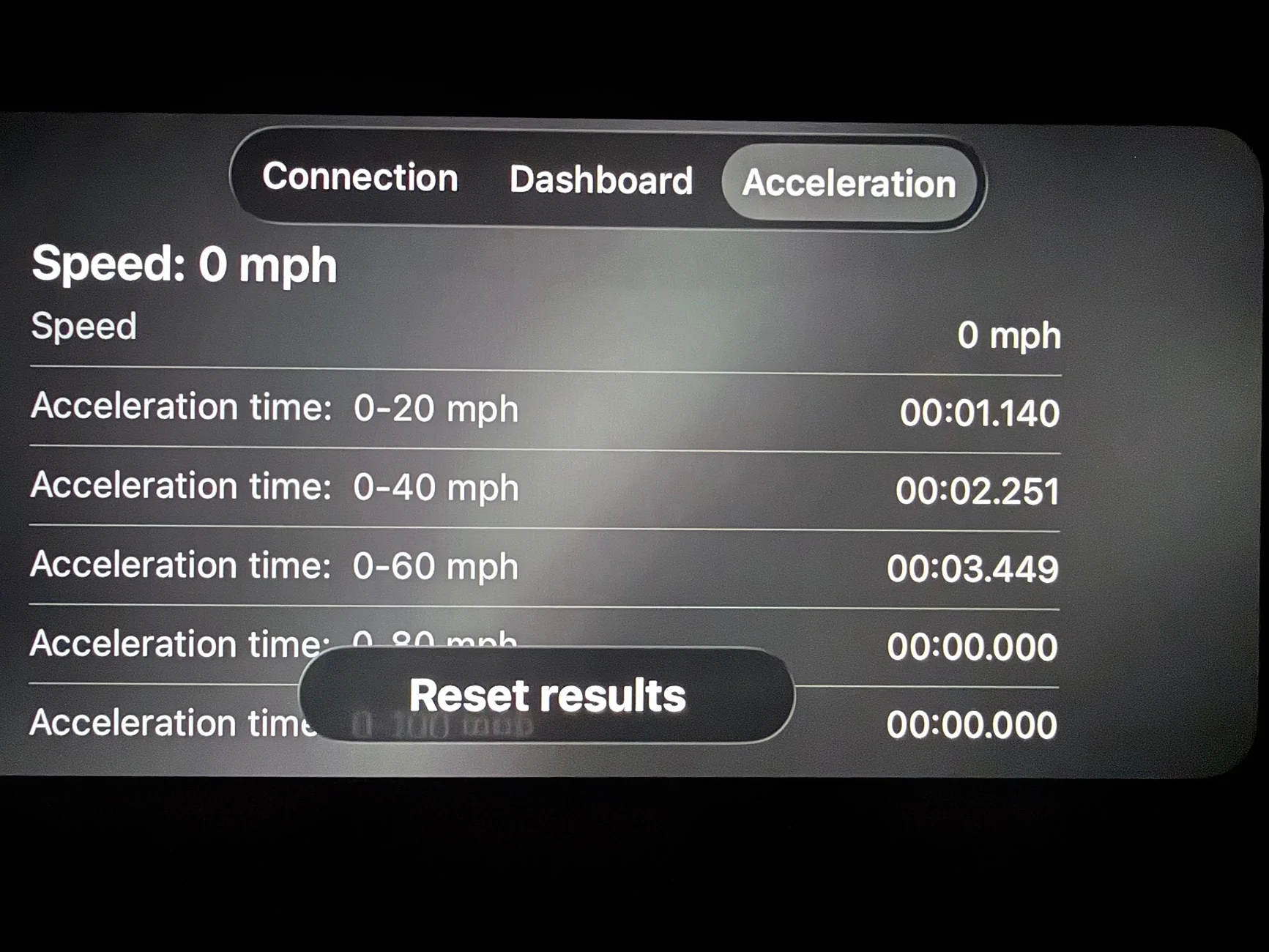 Porsche Taycan Draggy acceleration time results on the Carscanner Carplay app IMG_6966