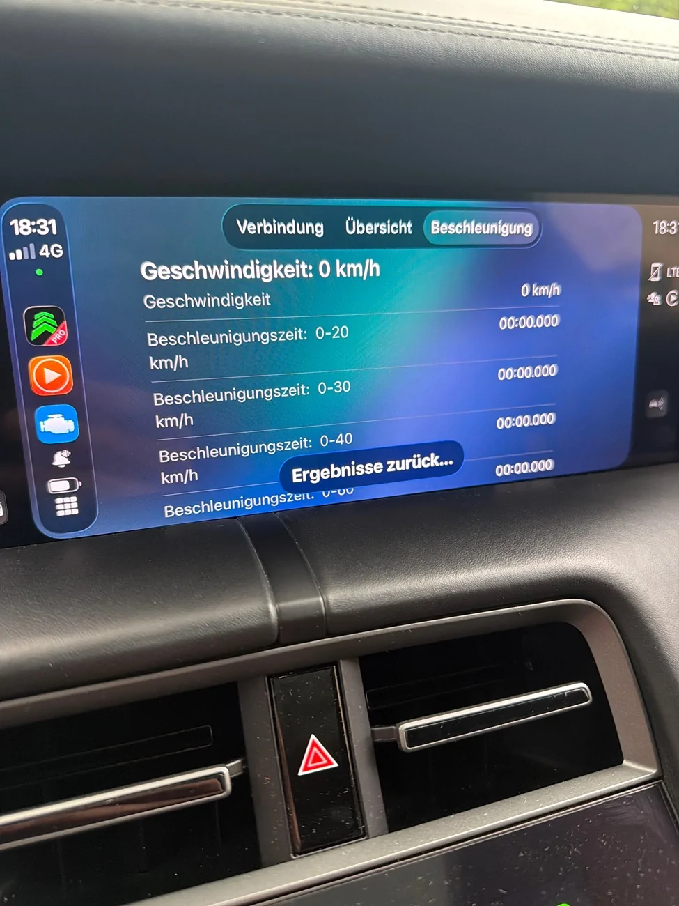 Porsche Taycan Draggy acceleration time results on the Carscanner Carplay app imag