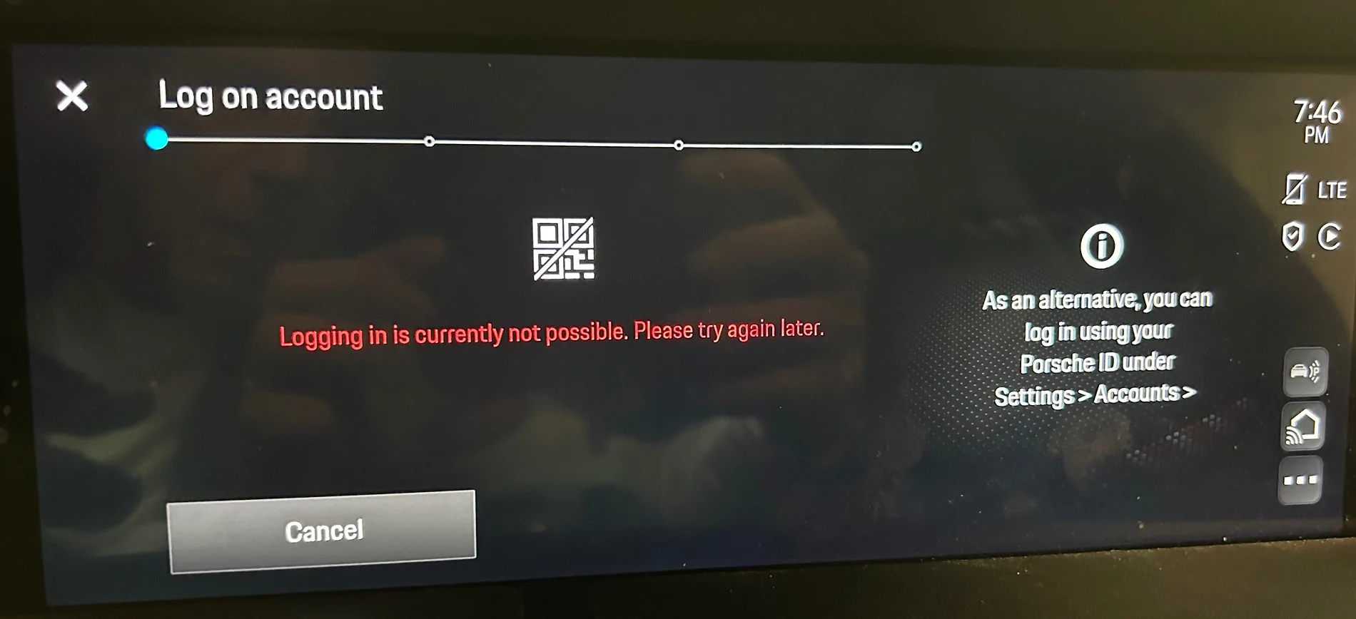 Porsche Taycan Login is not possible at present. Please try again later. IMG_4382