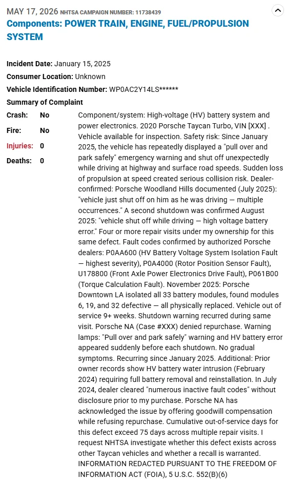 Porsche Taycan NHTSA Complaint: "Pull over and park safely" and shutdown while driving - May 17, 2026 1779272729810-fo