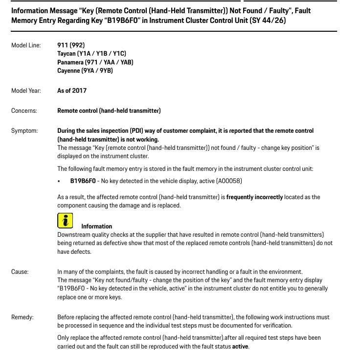 Porsche Taycan TSB: Message “Key (Remote Control (Hand-Held Transmitter)) Not Found / Faulty” - May 6, 2026 1780569025672-jv