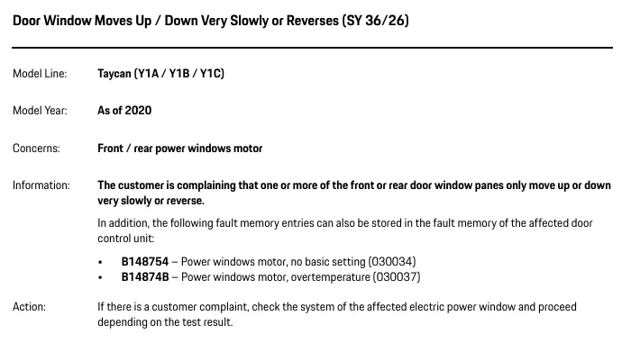 Porsche Taycan TSB: Door Window Moves Up/Down Very Slowly or Reverses - May 15, 2026 1780653942108-v7