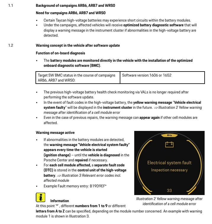 Porsche Taycan TSB: Yellow Warning "Vehicle Electrical System Faulty" With HV Fault Entry "Cell ModuleX, Ageing Detected" - May 27, 2026 1780751743429-a2