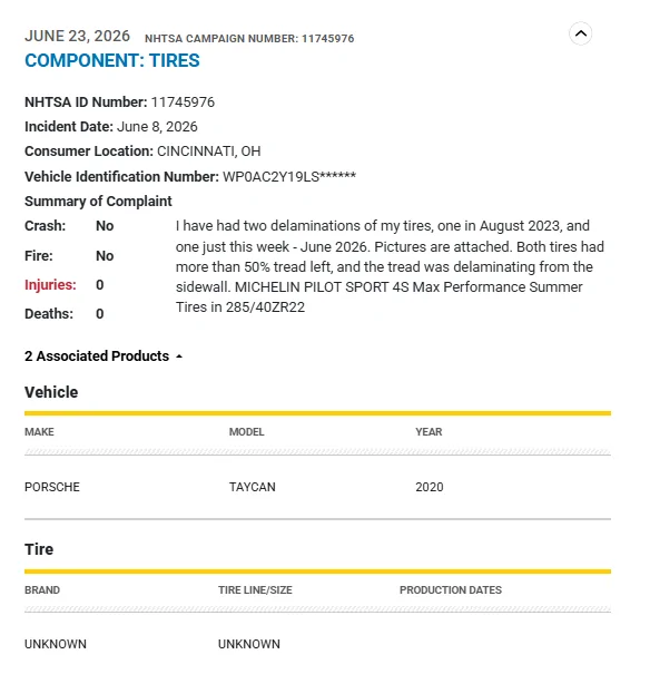 Porsche Taycan NHTSA Complaint - Tires delaminated - June 23, 2026 1782385475470-4a