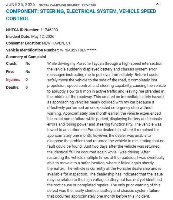 Porsche Taycan NHTSA Complaint - Errors and sudden stop while driving - 3 incidents - June 25, 2026 1782676412802-v8
