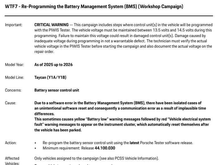 Porsche Taycan TSB: WTF7- Re-Programming the Battery Management System (MY 2025) - June 2, 2026 1783520638954-px