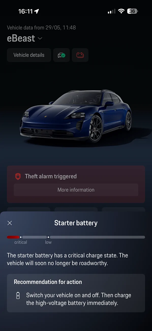 Porsche Taycan 12V starter battery charge monitoring on latest My Porsche app IMG_5107