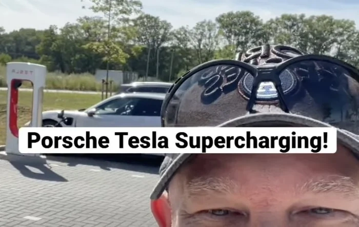 Porsche TAYCAN spotted charging at Tesla supercharger (in Europe) 🤫