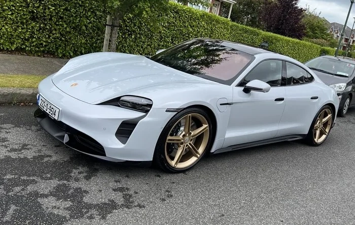 Collected 4th New Taycan Today - Ice Grey Turbo w/ Gold Wheels