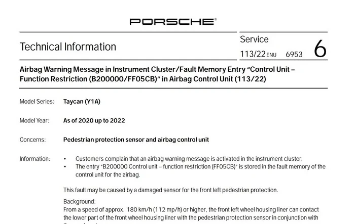 TSB - Airbag warning light - at 180km/h (112mph), left wheel liner can contact sensor - July 26, 2022