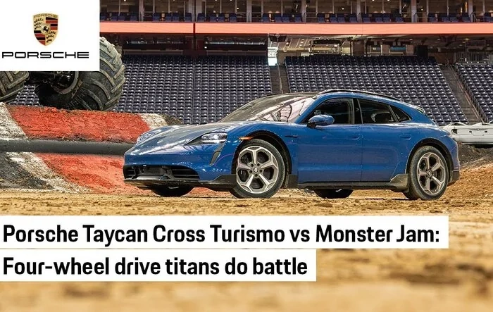 Power up! Porsche Taycan Cross Turismo vs Monster Jam monster truck😀