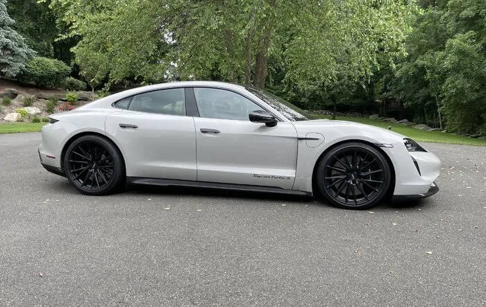 Chalk Taycan Turbo S on HRE P101SC and Vossen HF-4T wheels