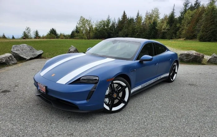 Taycan 4S Stealth PPF Wrapped with White Stripes, Wheels and Decals