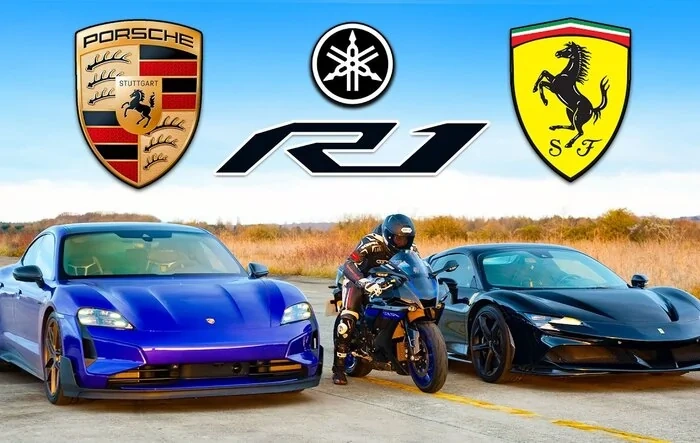 Drag race - Taycan Turbo GT vs Ferrari SF90 vs Yamaha R1M