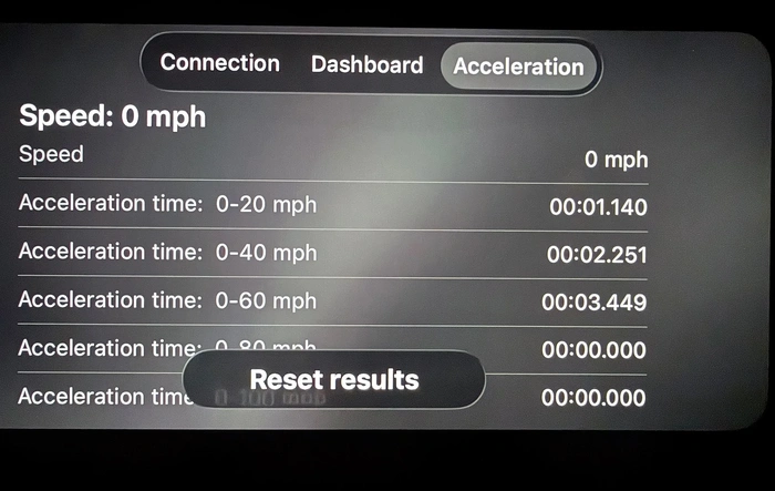 Draggy acceleration time results on the Carscanner Carplay app