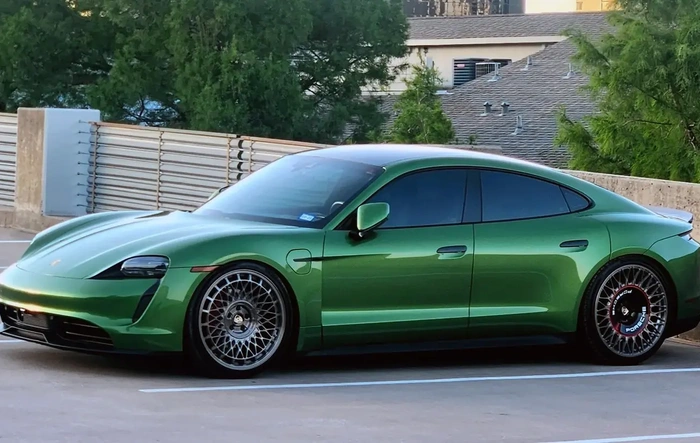 Mamba Green Taycan 4S Gen J1.1 on custom wheels & lowering