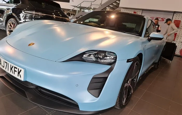 Taycan Frozen Blue Wrapped in Matte PPF by Topaz